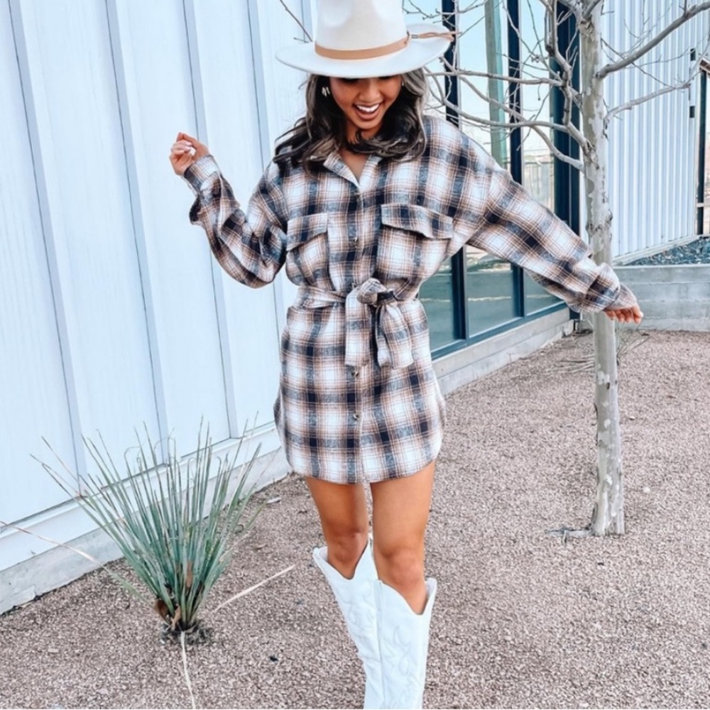 12th Tribe x Salty Blonde Crosby Mocha Plaid Shacket Dress